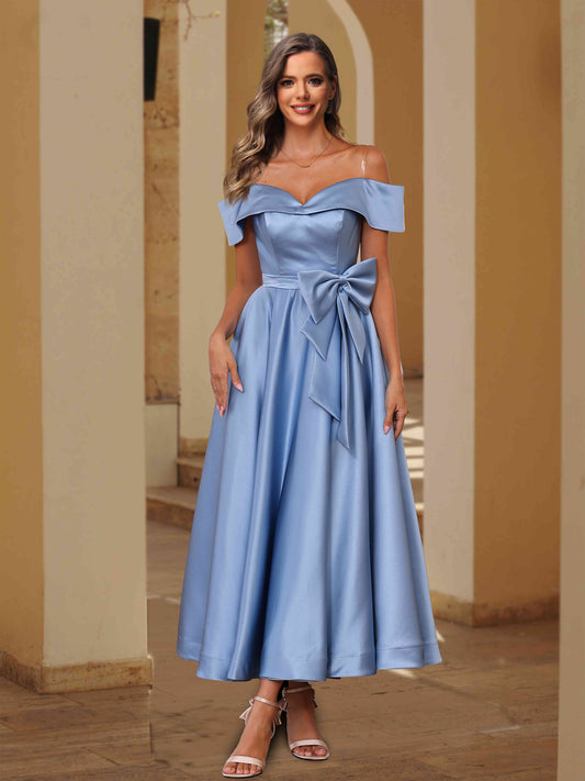 Off-The-Shoulder Satin Wedding Guest Dresses with Bow