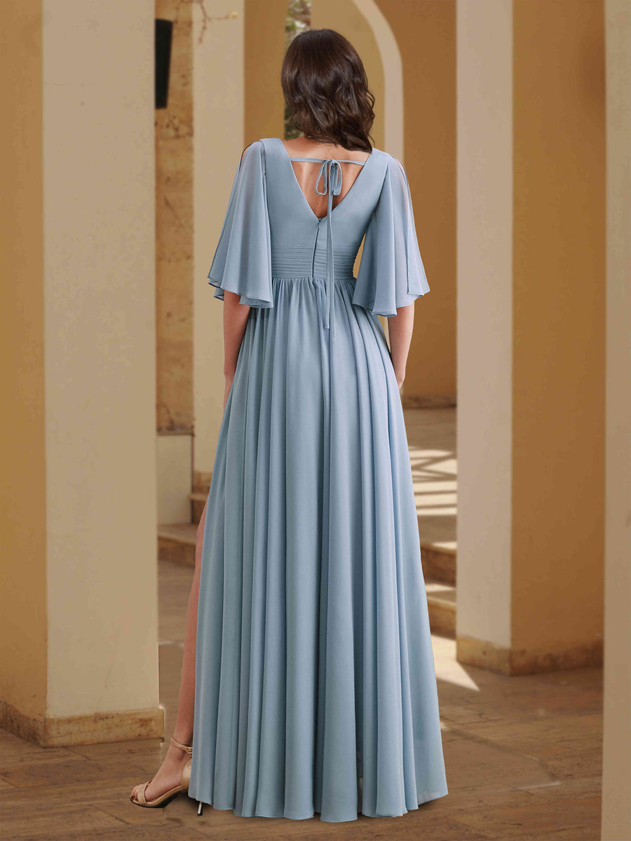 A-Line V-Neck Half Sleeves Bridesmaid Dresses with Ruched