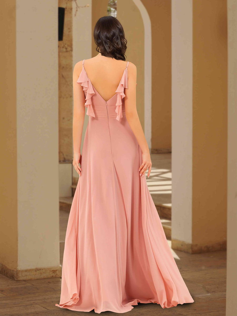 Spaghetti Straps V-Neck Bridesmaid Dress with Ruffles