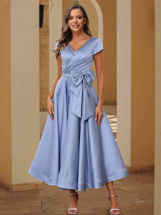 A-Line Short Sleeves V-Neck Wedding Guest Dresses